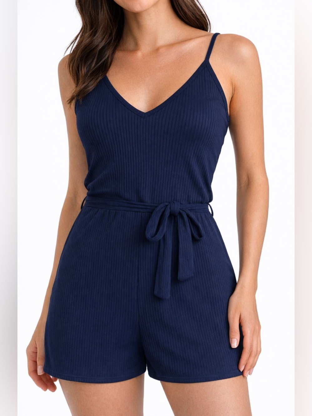 Easy Wear Navy Ribbed Tie Waist Cami Romper XS